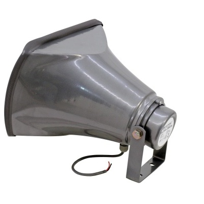 Landmine de som ou sirene de metal cinza com cabo eletrico e suporte preto