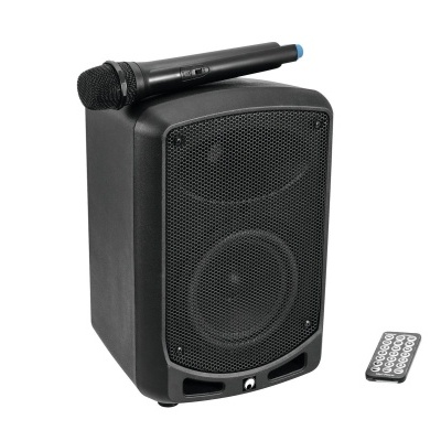 Coluna de som preta com microfone e comando remoto