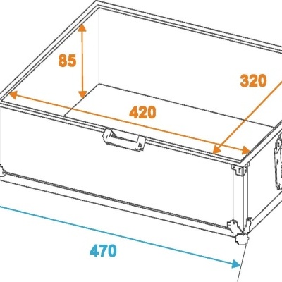 Desenho técnico de uma mala ou caixa rígida com medidas em milímetros