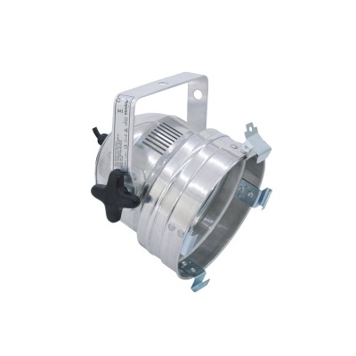 Luz de palco metálica prateada tipo PAR com suporte ajustável e botão preto