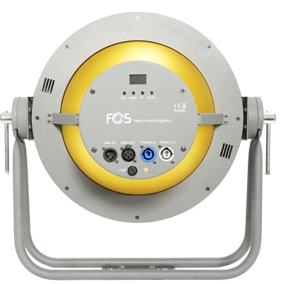 Luz de estúdio circular cinza e amarelo com conetores e suporte metálico