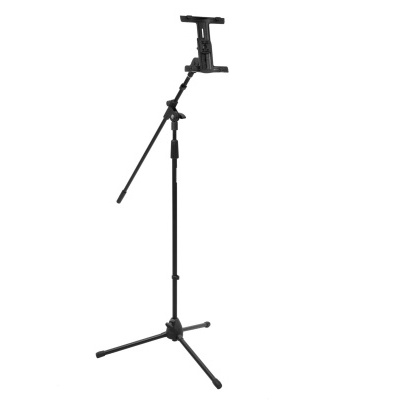 Suporte para tablet ajustável em metal preto com tripé e braço regulável