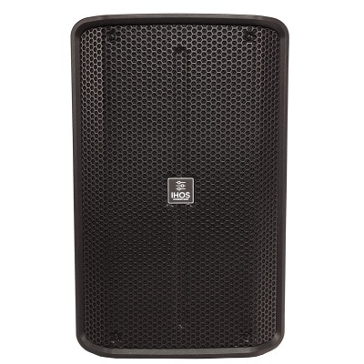 Coluna de som preta com grelha metálica hexagonal