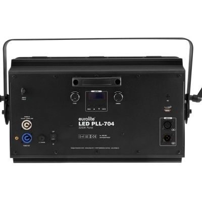 Painel LED Eurolite LED PLL-704 preto visto de trás com suporte e conectores