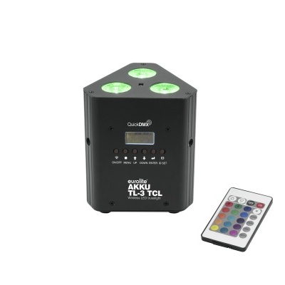 Dispositivo de iluminação triangular preto com luzes LED verdes e controlo remoto colorido