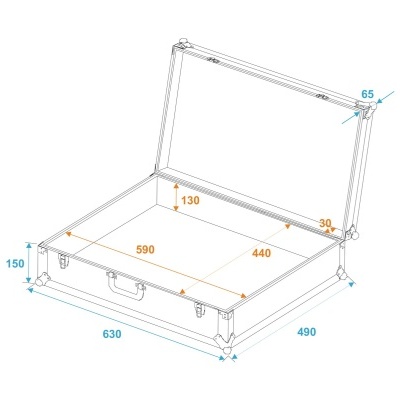 Desenho técnico de mala aberta com medidas em milímetros