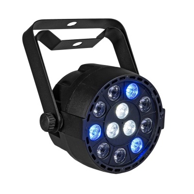 Luz de palco redonda preta com LEDs azuis e brancos em fundo branco