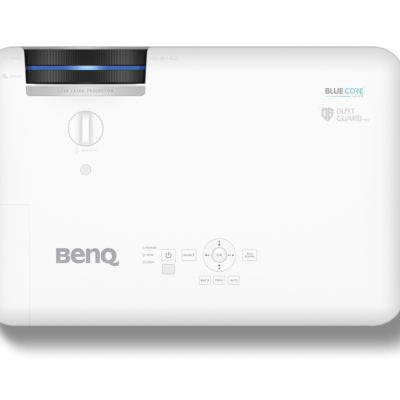 Projetor branco BenQ com lentes, botões e texto visível