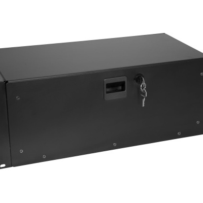 Caixa metálica preta para montagem em rack com fechadura e chave