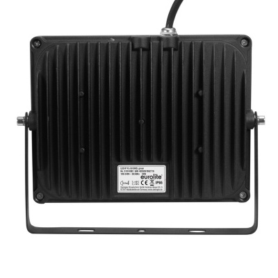 Refletor LED preto com etiqueta técnica na parte traseira