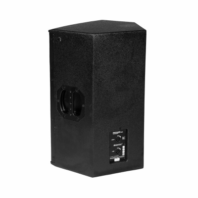 Coluna de som preta com painel traseiro com controlos