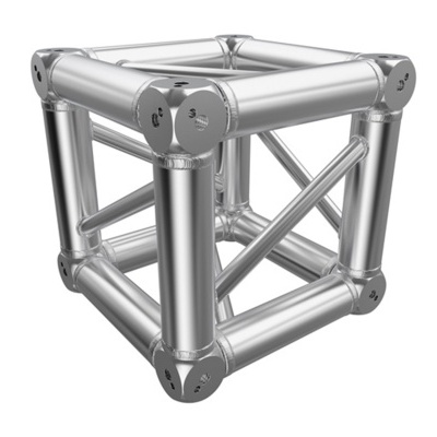 Estrutura metálica prateada em forma de cubo com tubos e reforços.