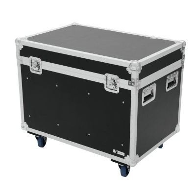 Estojo de transporte rígido preto com armação de metal e rodas azuis