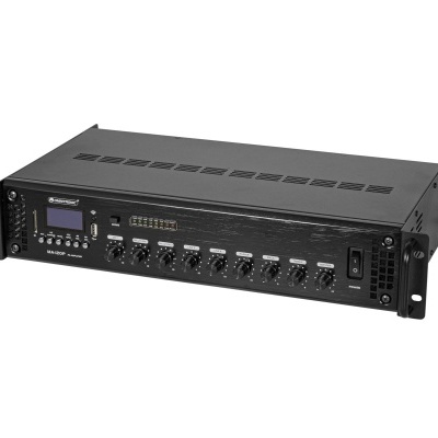 Amplificador preto para som profissional com ecrã digital azul