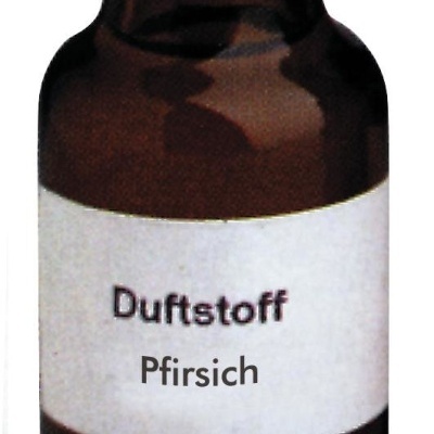 Frasco âmbar com etiqueta 'Duftstoff Pfirsich'.