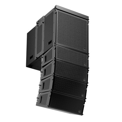 Coluna de som profissional preta com seis caixas acústicas empilhadas