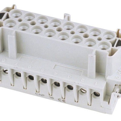 Conector elétrico retangular cinza com parafusos e orifícios para pinos