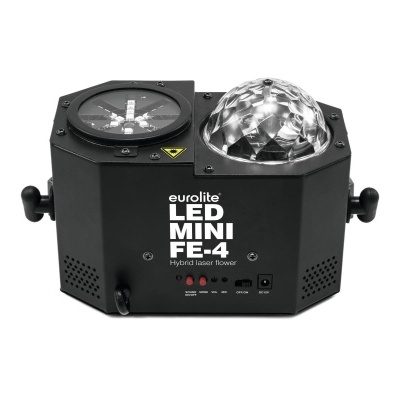 Lanterna LED Eurolite LED MINI FE-4 preta com lente circular e texto branco