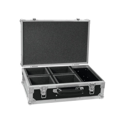 Maleta de transporte preta em metal aberta com divisórias de espuma