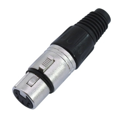 Conector XLR de áudio prateado e preto com 3 pinos.