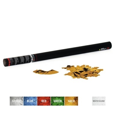 Tubo preto com confetis dourados espalhados em fundo branco