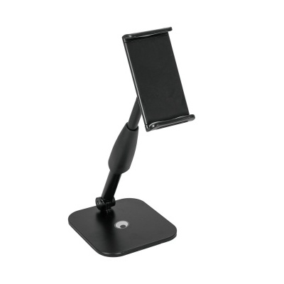 Suporte preto para telemóvel com base quadrada e braço articulado em fundo branco
