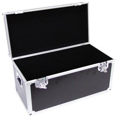 Mala preta de transporte aberta com interior preto e estrutura metálica