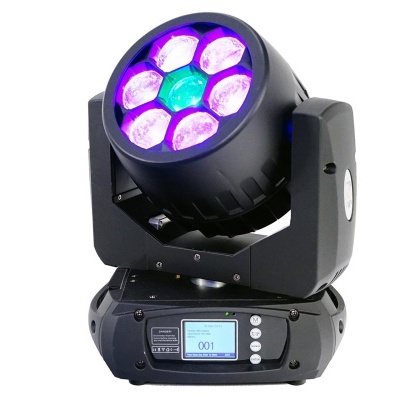 Aparelho de iluminação profissional tipo moving head com luzes LED roxas e turquesa