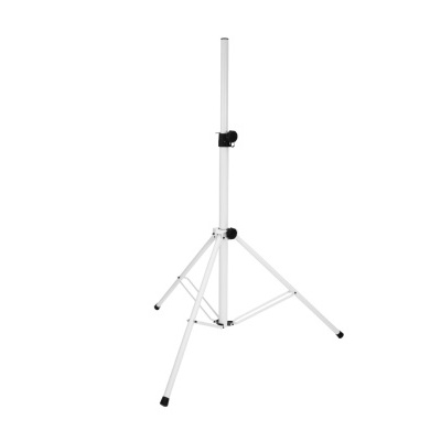 Tripé branco ajustável de metal com três pernas e pés de borracha preta