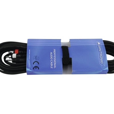 Cabo áudio profissional preto com conectores RCA embalado em embalagem azul