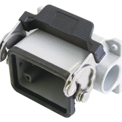 Conector industrial retangular cinza com fecho metálico e tampa preta