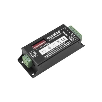 Interface eletrónica preta Eurolite LSL-140 DMX com conectores verdes e interruptores vermelhos.