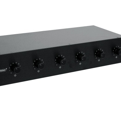 Equipamento eletrônico preto com seis botões rotativos frontais