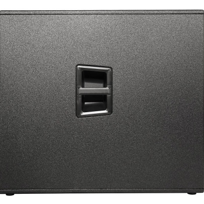 Coluna de som preta com pega quadrada em fundo branco