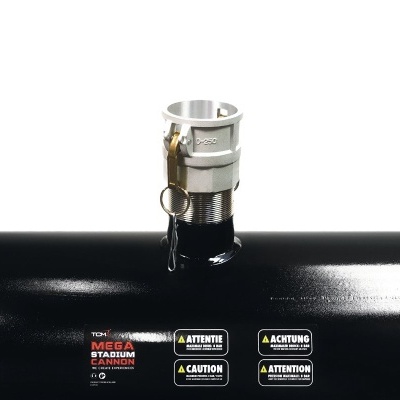 Cilindro metálico preto com válvula prateada e etiquetas de aviso