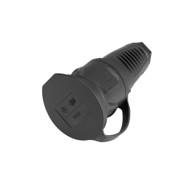 Adaptador de tomada elétrica preto em plástico com símbolos impressos