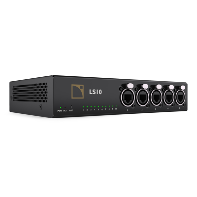 Interface de áudio preta LS10 com portas XLR e LEDs