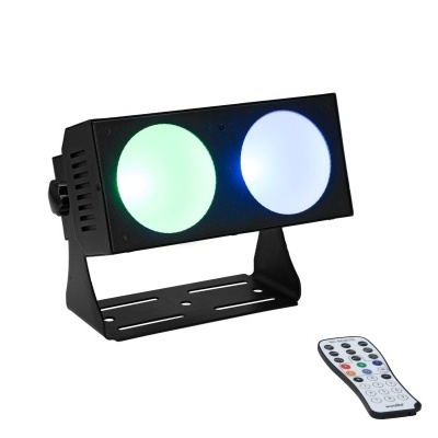 Projetor de luz LED com duas lentes, suporte preto e comando remoto