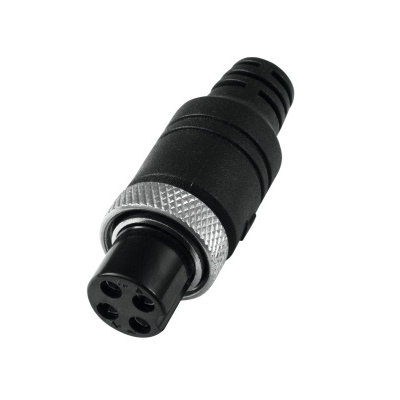 Conector elétrico preto com anel metálico prateado e cinco orifícios circulares