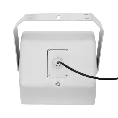 Projetor branco com suporte metálico e cabo preto