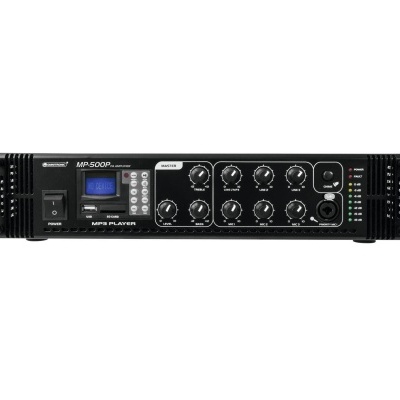 Amplificador de som preto com visor azul e botões pretos