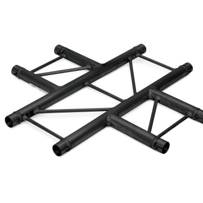 Estrutura modular metálica preta com tubos cilíndricos e cruzetas diagonais