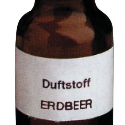 Frasco pequeno de vidro âmbar com tampa preta e etiqueta branca com texto Preto