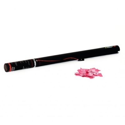 Tubo preto com detalhes vermelhos e pequenos pedaços de papel rosa