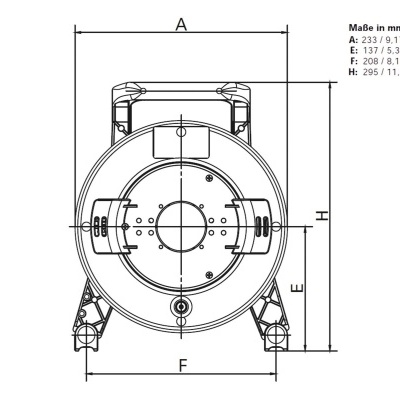 Desenho técnico de equipamento circular com medidas em mm e polegadas