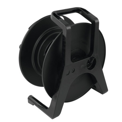 Carretel de plástico preto com pega e base sobre fundo branco