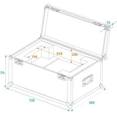 Desenho técnico a preto e branco de um baú aberto com medidas em azul