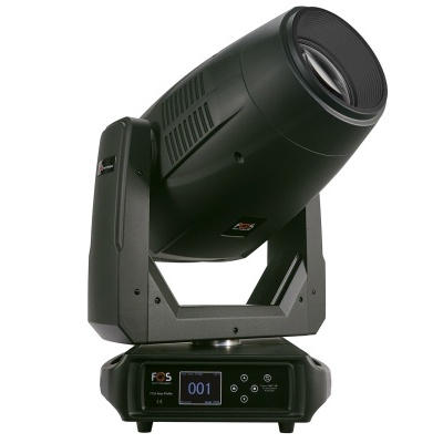 Luminária móvel de palco preta com visor digital azul e botões