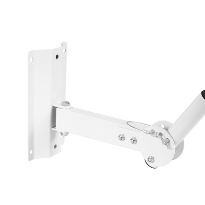 Suporte de parede metálico branco com braço articulado e base retangular.