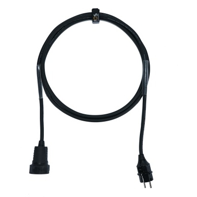 Cabo elétrico preto com ficha de dois pinos e conector feminino enrolado